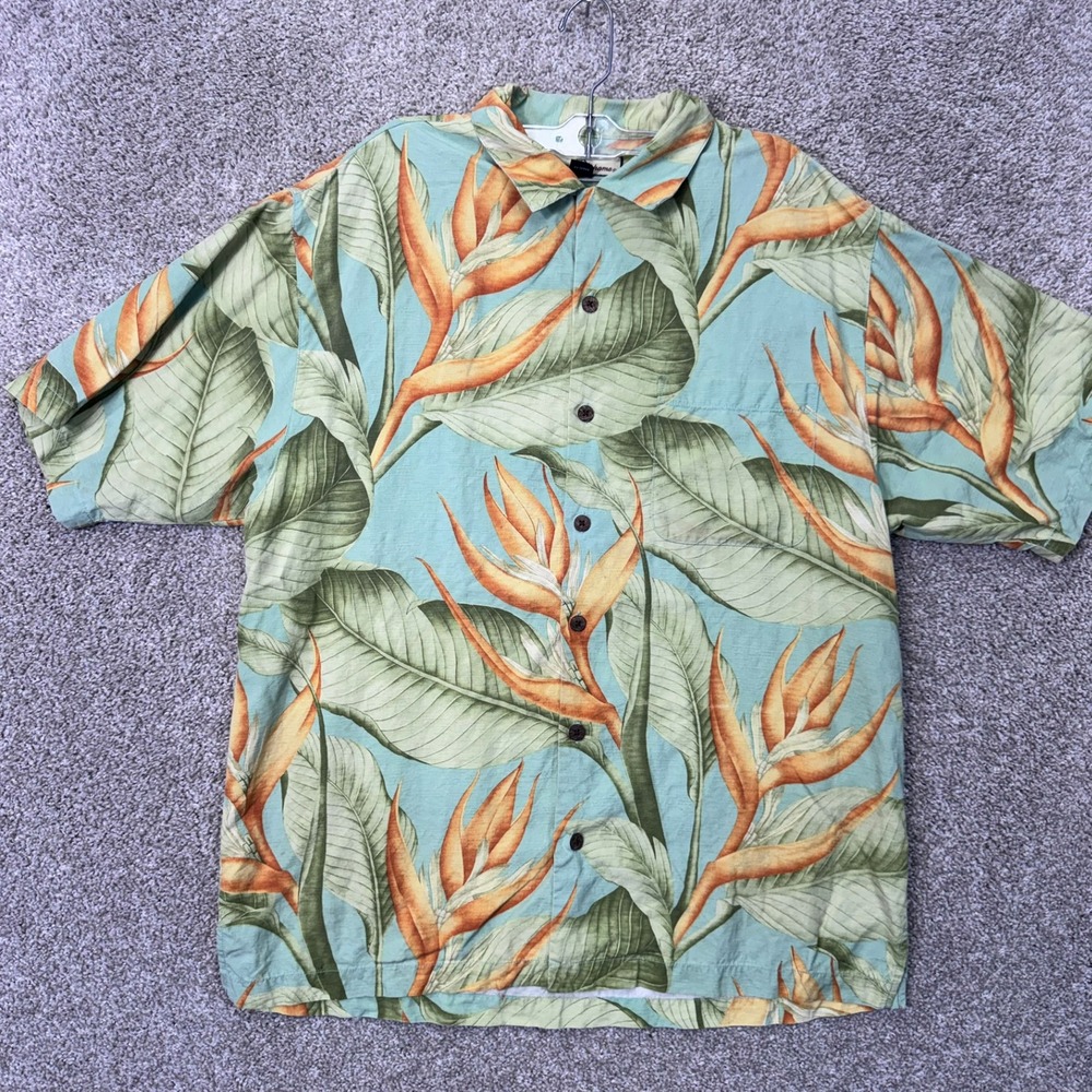 Tommy Bahama Shirt Mens M Bird of Paradise Floral Green Silk Button Down EUC